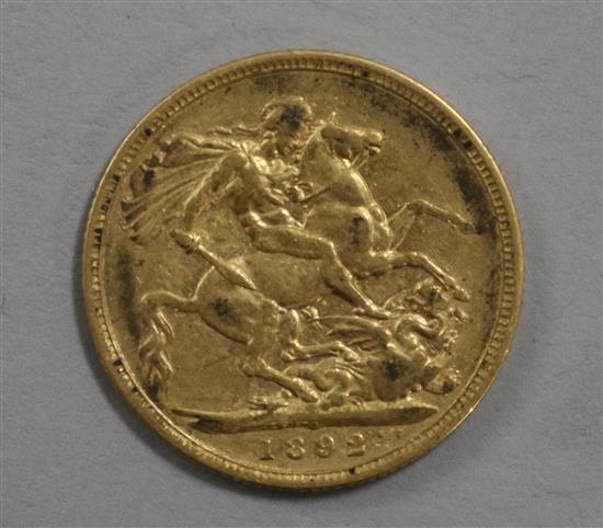 An 1892 gold full sovereign.